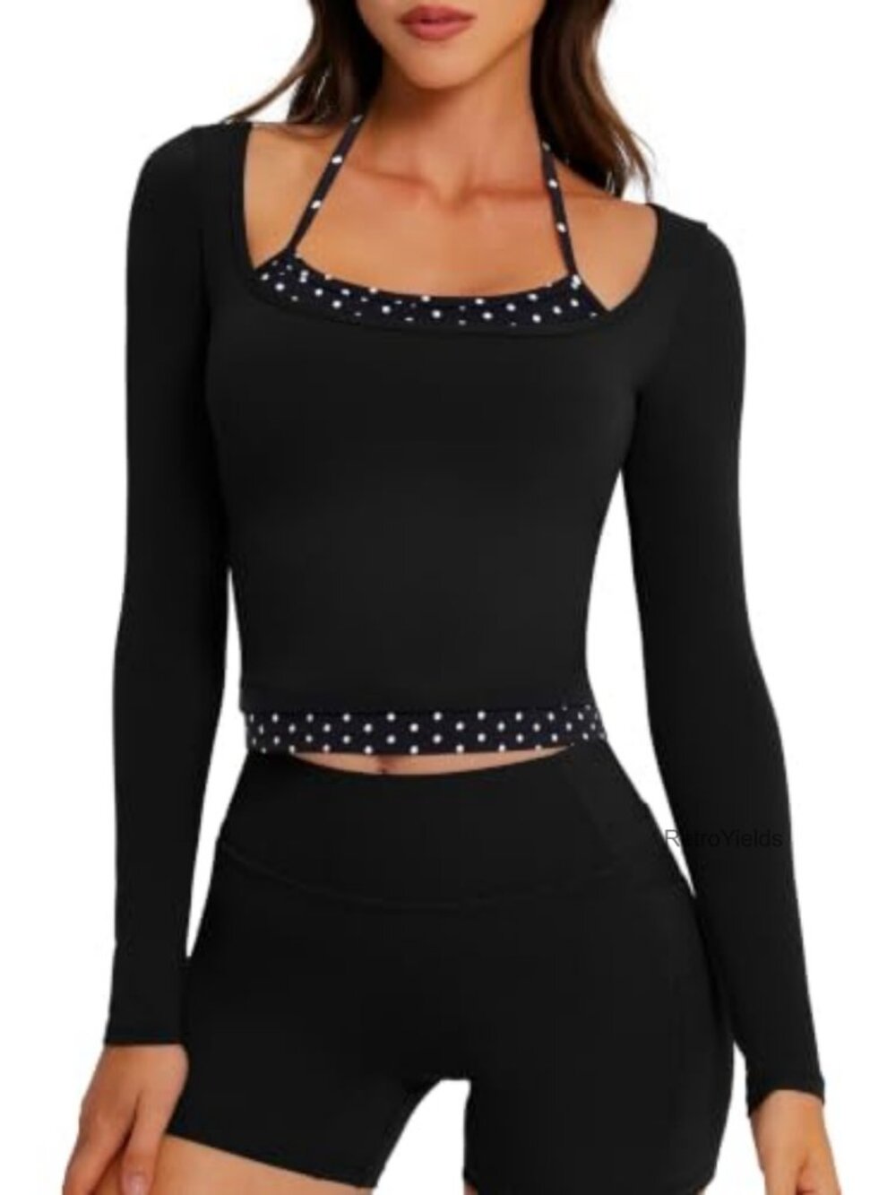 OMKAGI Women's Layered Workout Top Halter Long Sleeve Sports Bra Nylon Elastane